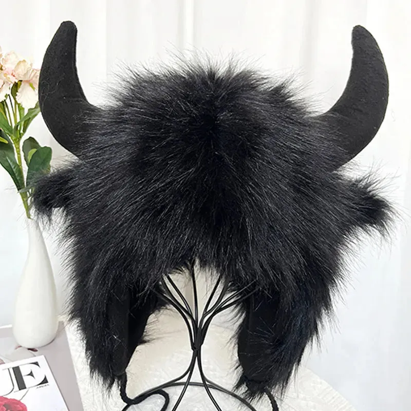 Faux Fur Bull Horns Hat