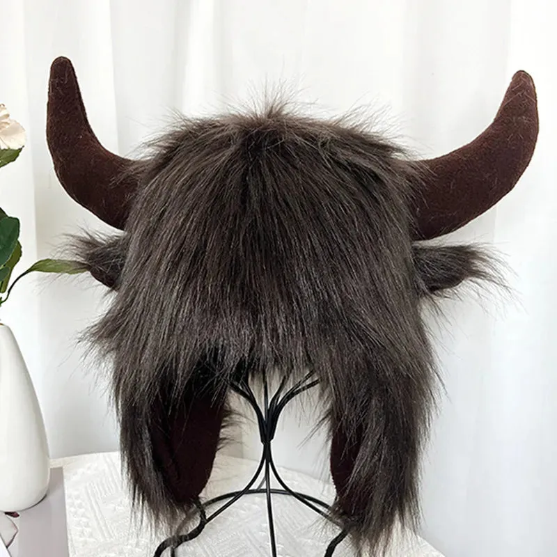 Faux Fur Bull Horns Hat