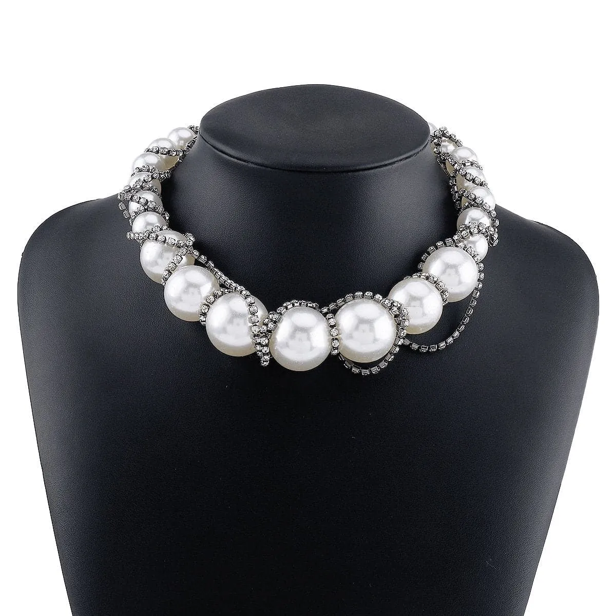 Faux pearl rhinestone beaded choker necklace