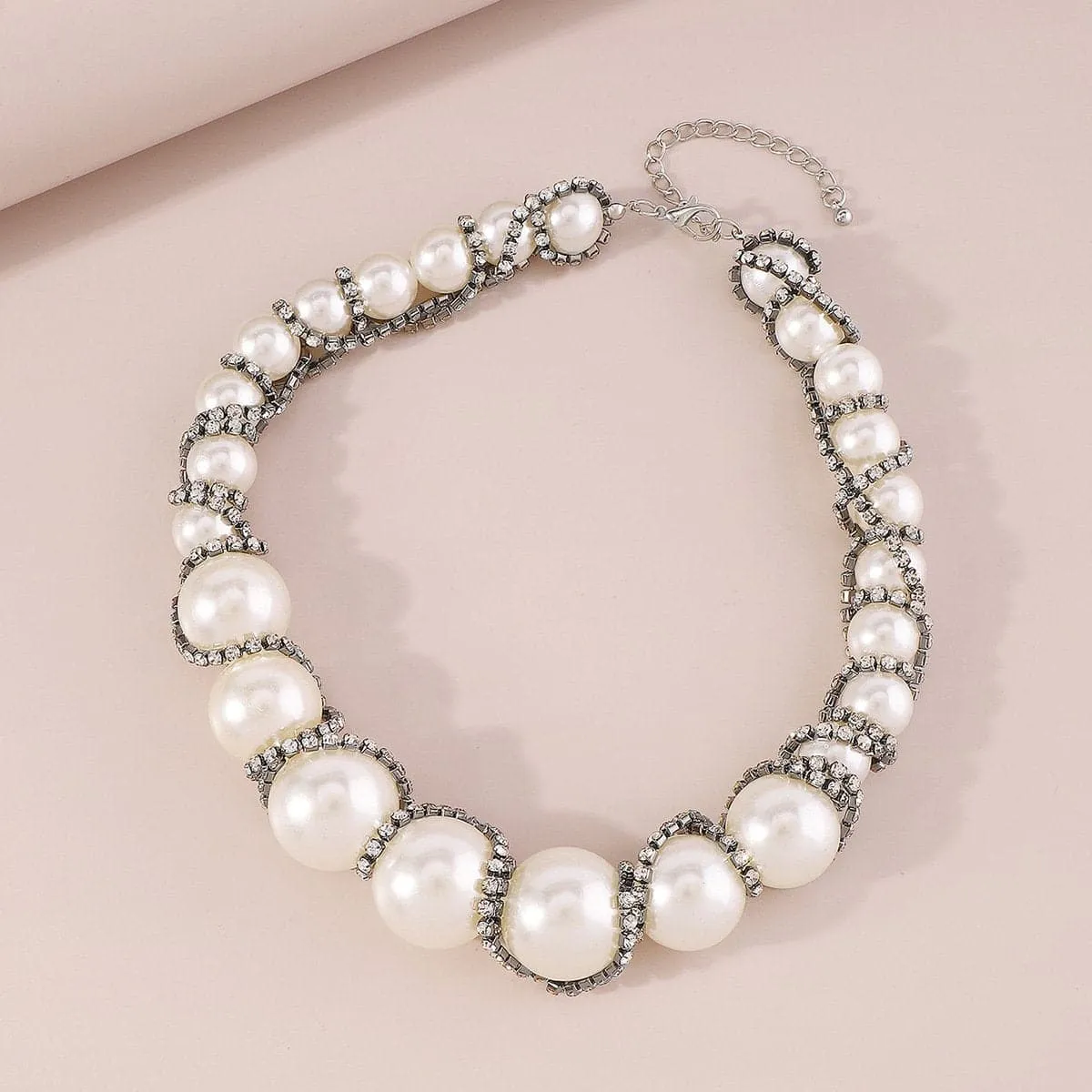 Faux pearl rhinestone beaded choker necklace