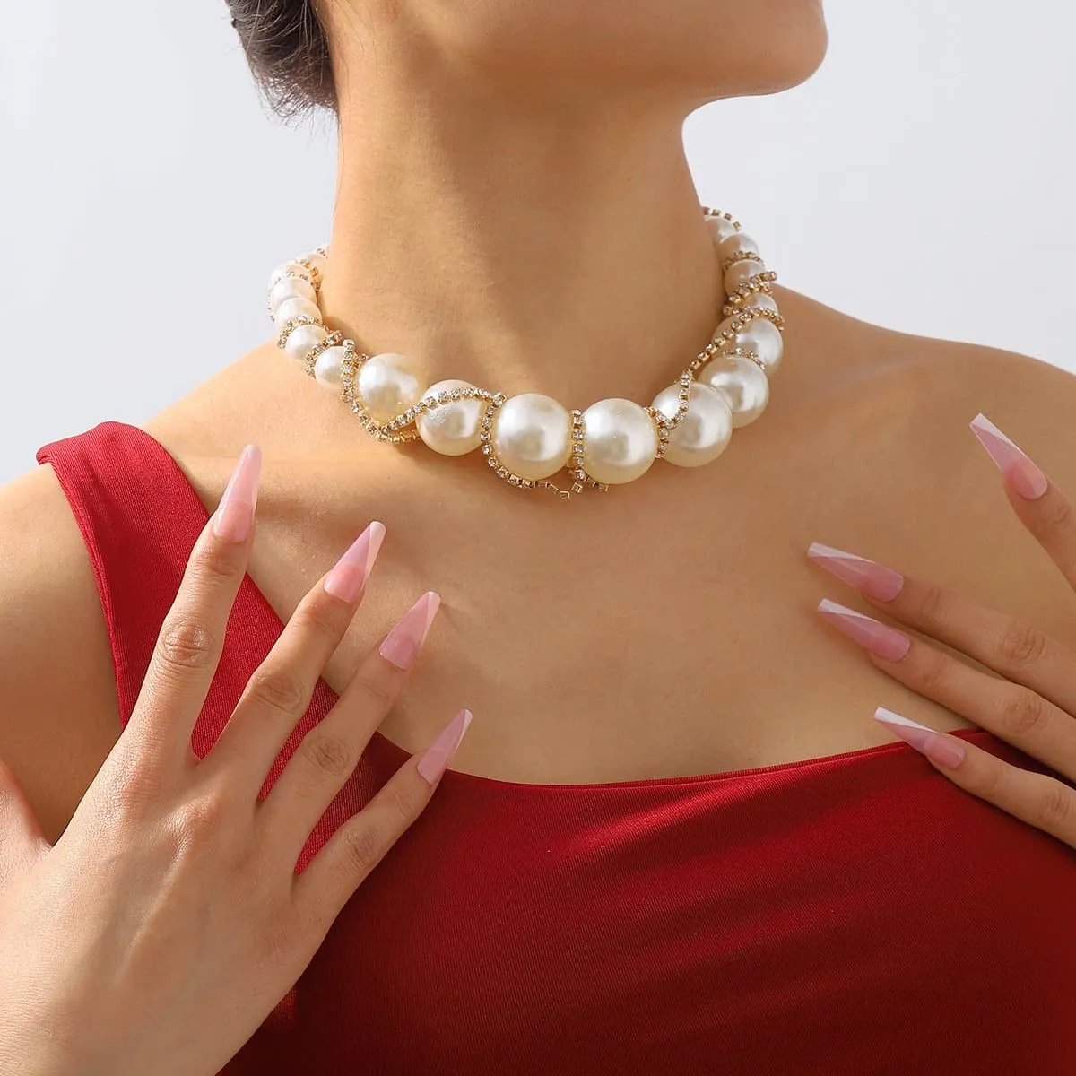 Faux pearl rhinestone beaded choker necklace