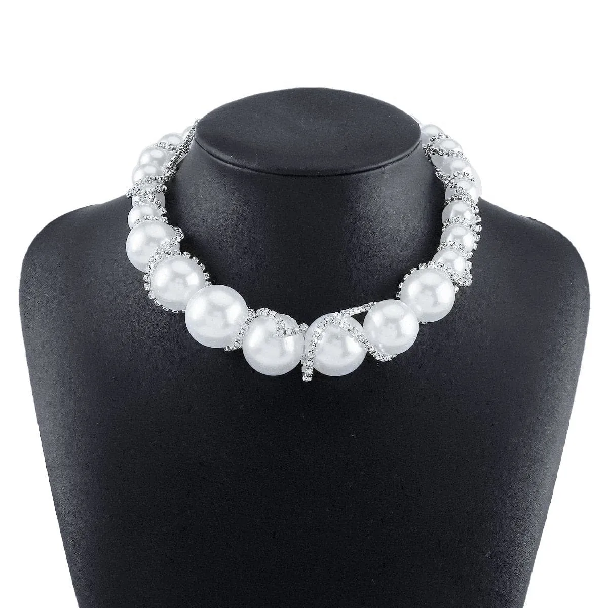 Faux pearl rhinestone beaded choker necklace