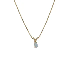 Fire Opal Teardrop Pendant 14k Box Link Chain Necklace Vintage Art Deco 15.75"