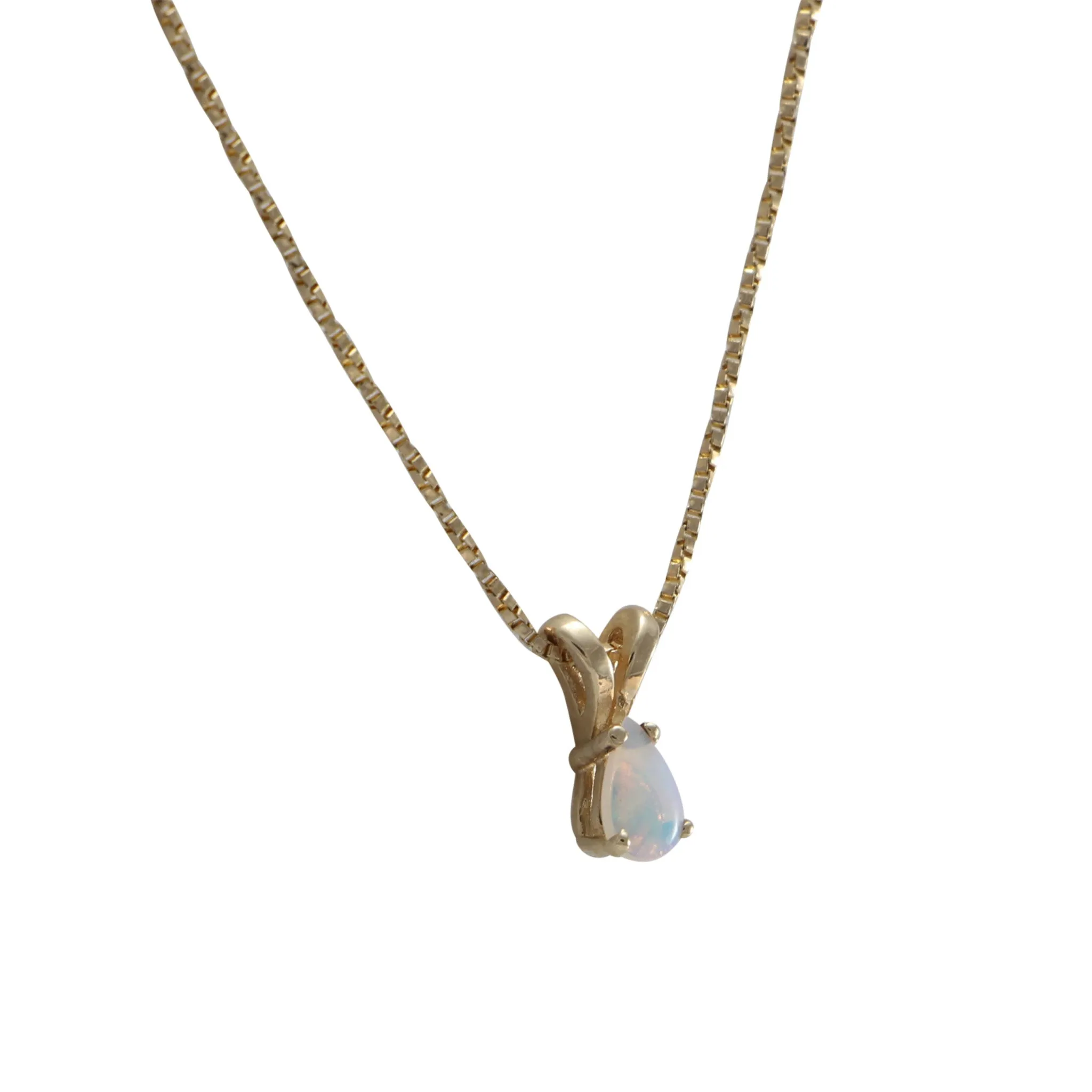 Fire Opal Teardrop Pendant 14k Box Link Chain Necklace Vintage Art Deco 15.75"