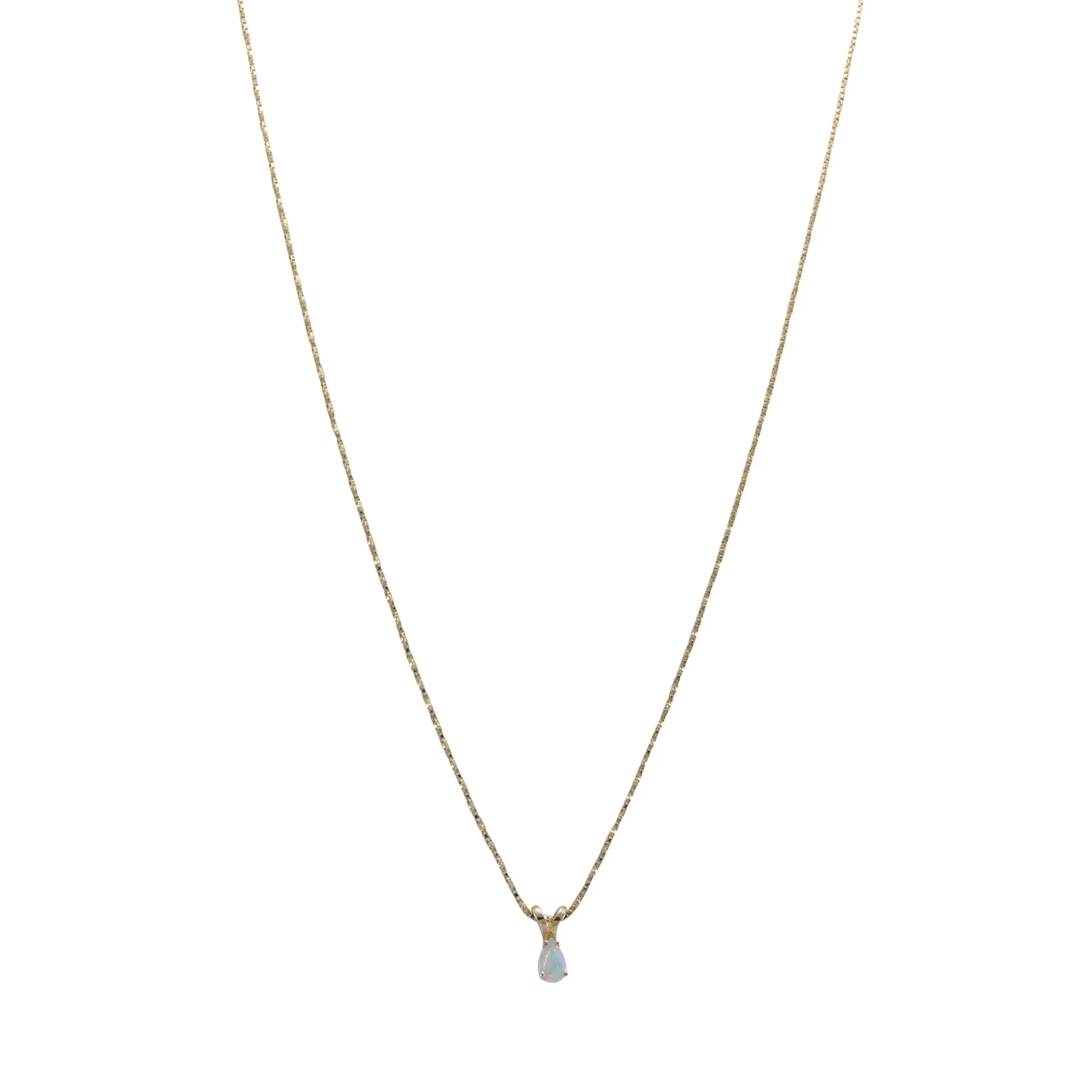 Fire Opal Teardrop Pendant 14k Box Link Chain Necklace Vintage Art Deco 15.75"