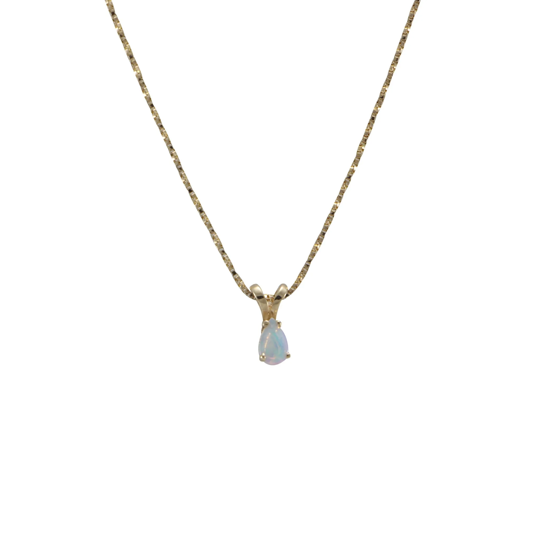 Fire Opal Teardrop Pendant 14k Box Link Chain Necklace Vintage Art Deco 15.75"