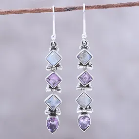 Gemstone Fusion Amethyst and Rainbow Moonstone Dangle Earrings from India
