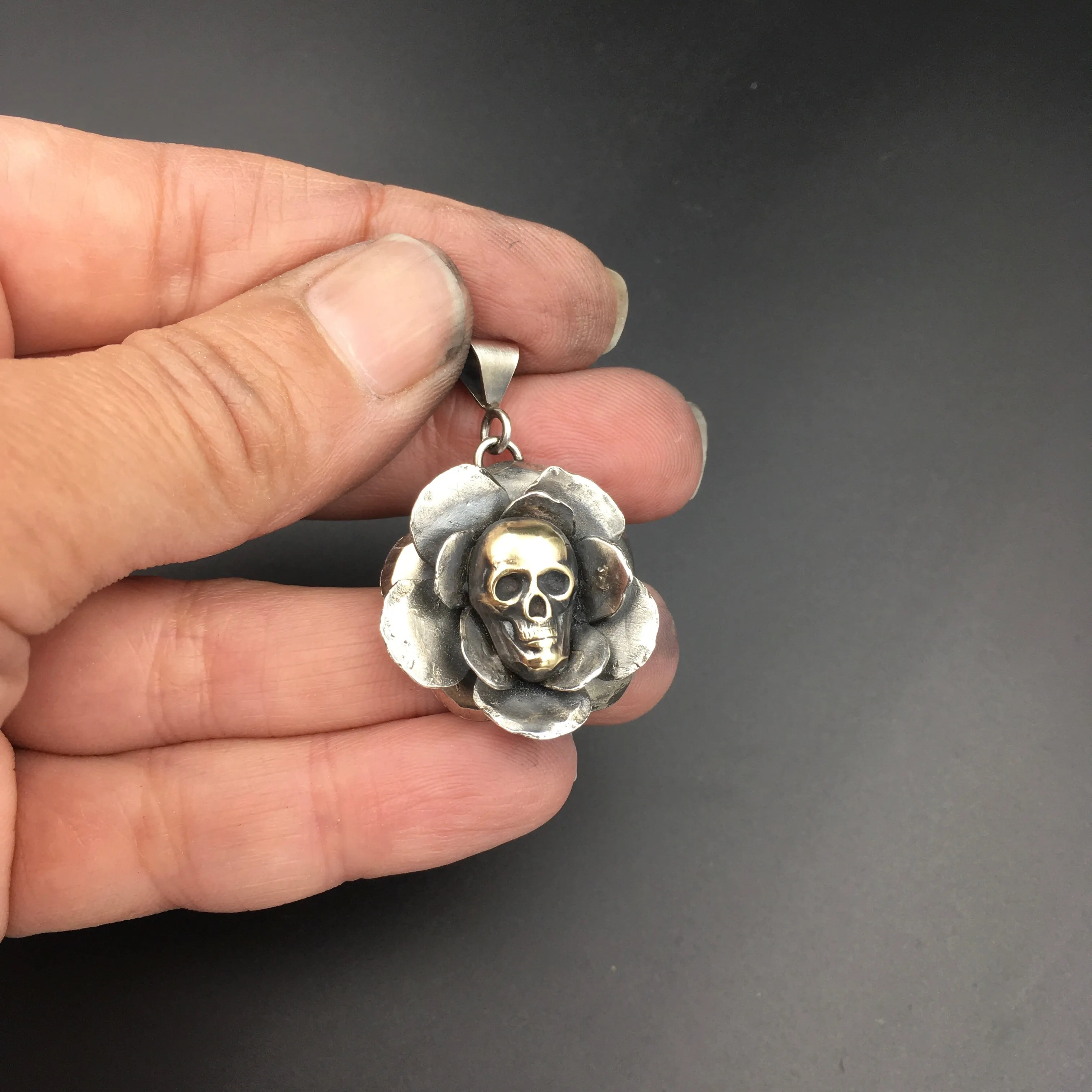 Handcrafted Sterling Silver Rose Pendant with Brass Skull