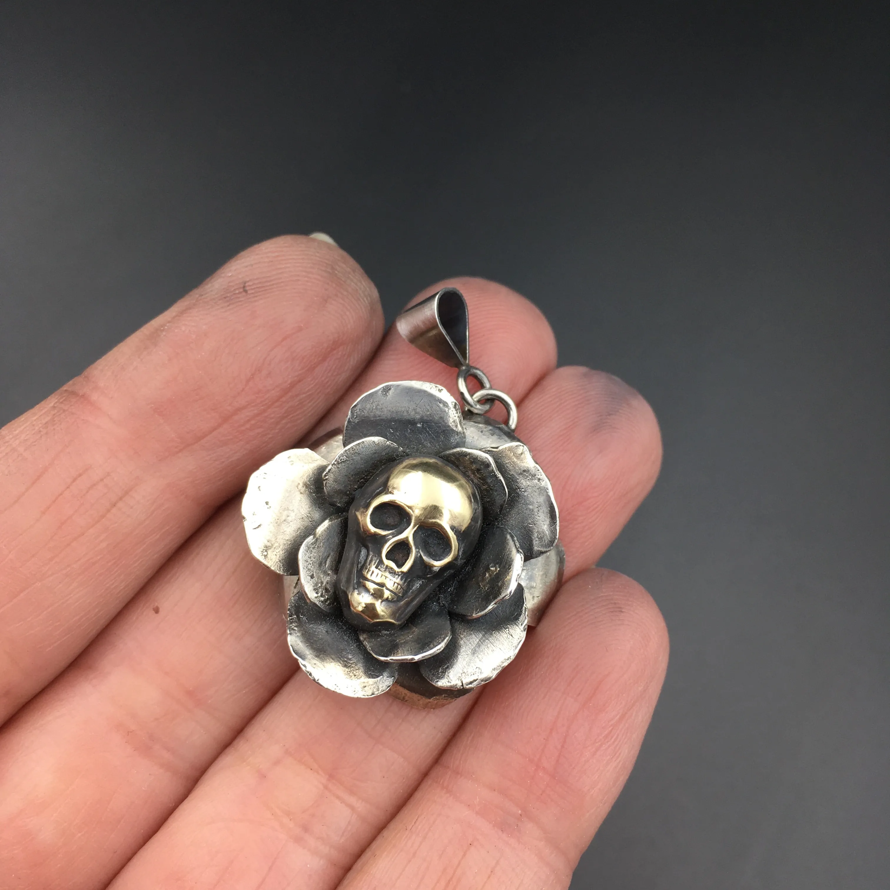Handcrafted Sterling Silver Rose Pendant with Brass Skull