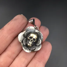 Handcrafted Sterling Silver Rose Pendant with Brass Skull