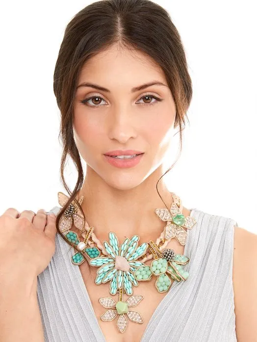 Handmade Beaded Flowers And Ribbon Statement Necklace