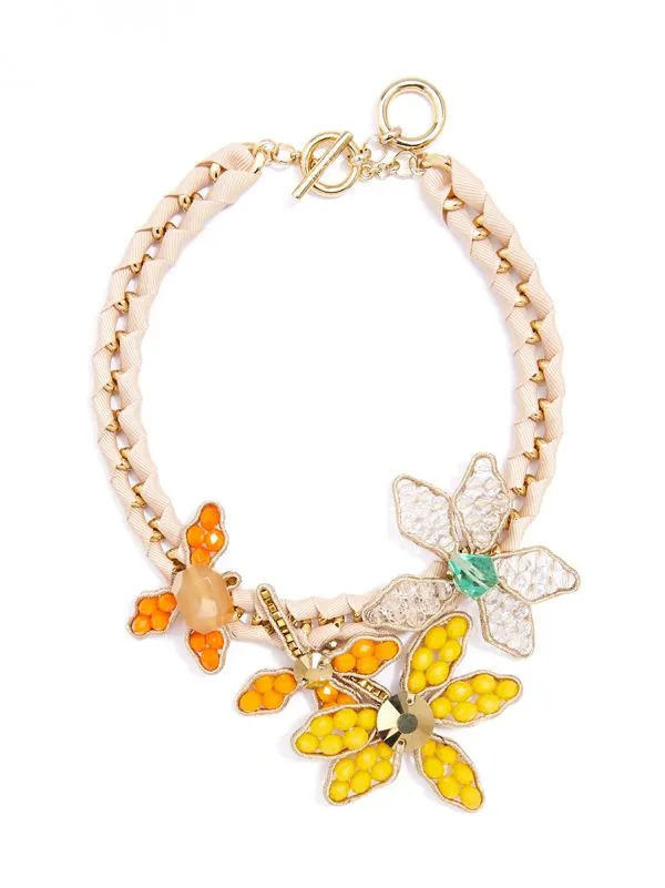 Handmade Beaded Flowers And Ribbon Statement Necklace