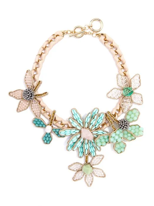Handmade Beaded Flowers And Ribbon Statement Necklace