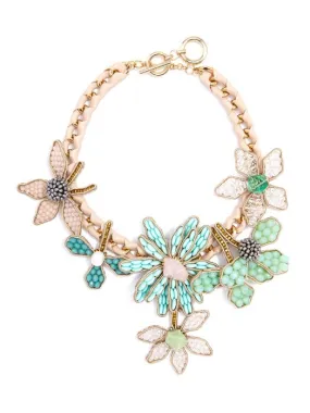 Handmade Beaded Flowers And Ribbon Statement Necklace