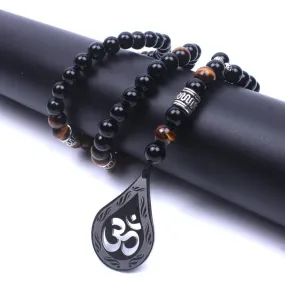 Handmade OM Necklace with Tiger Eye and Natural Onyx