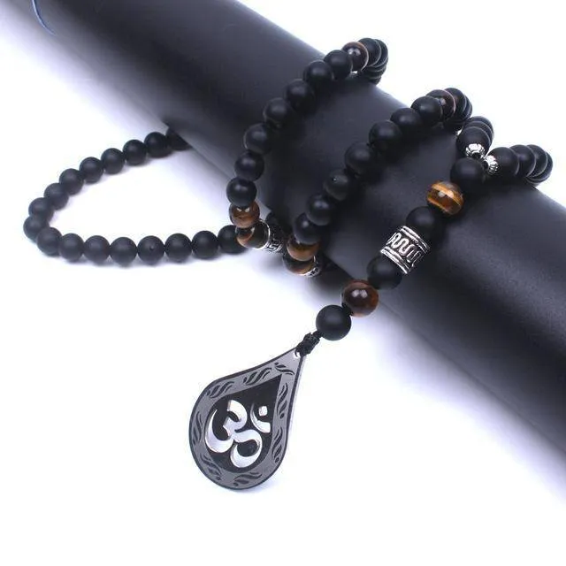 Handmade OM Necklace with Tiger Eye and Natural Onyx