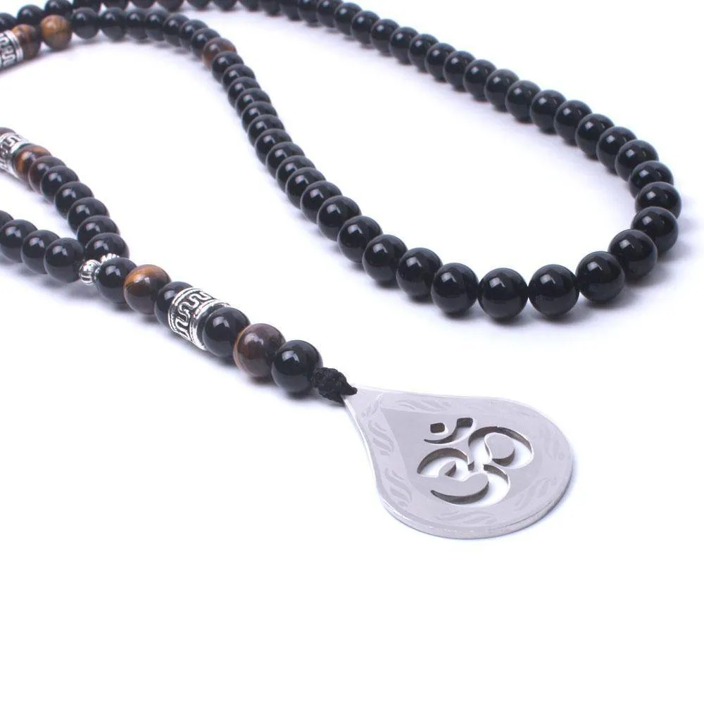Handmade OM Necklace with Tiger Eye and Natural Onyx