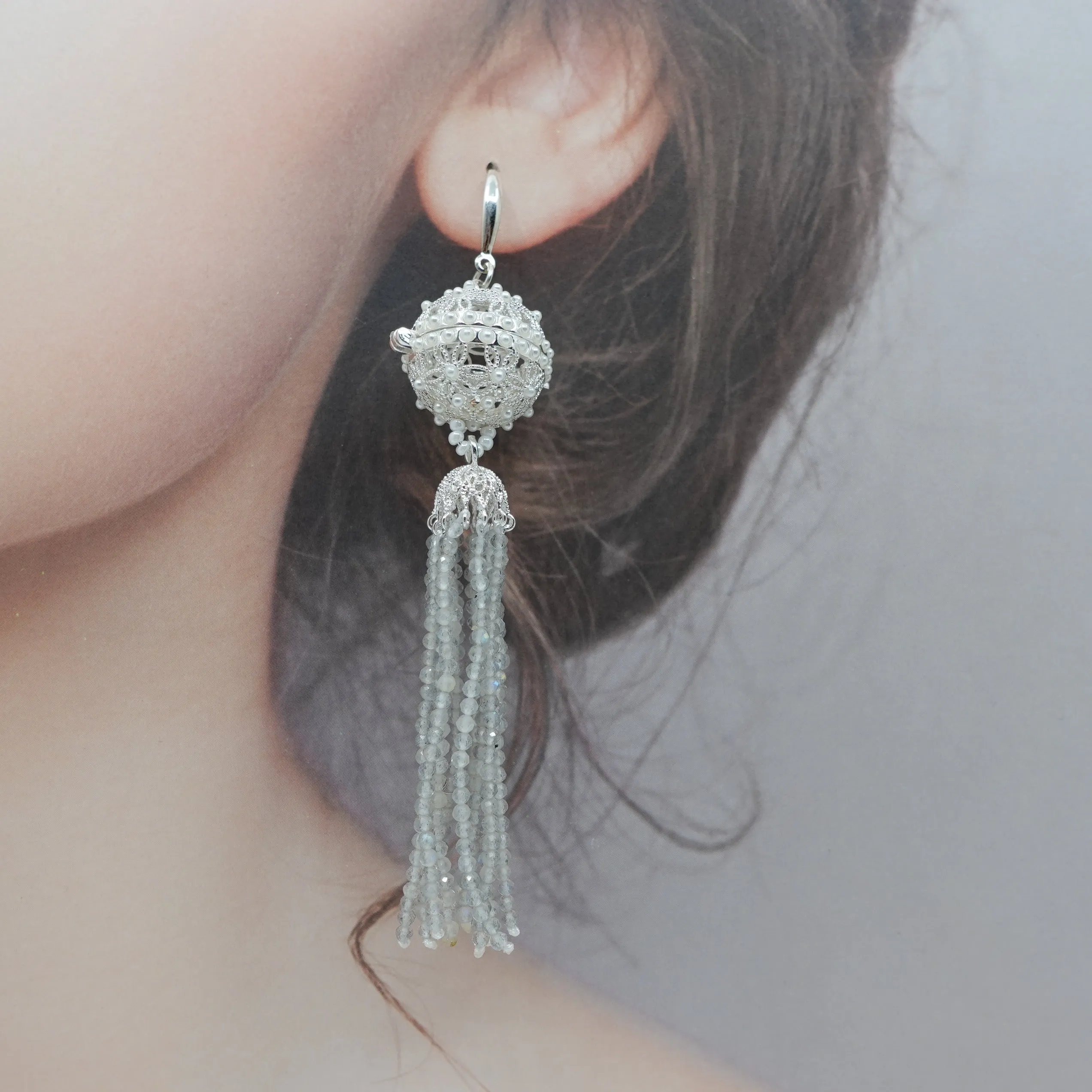Herbal Locket Crystal Tassel Earrings - Grey Moonstone