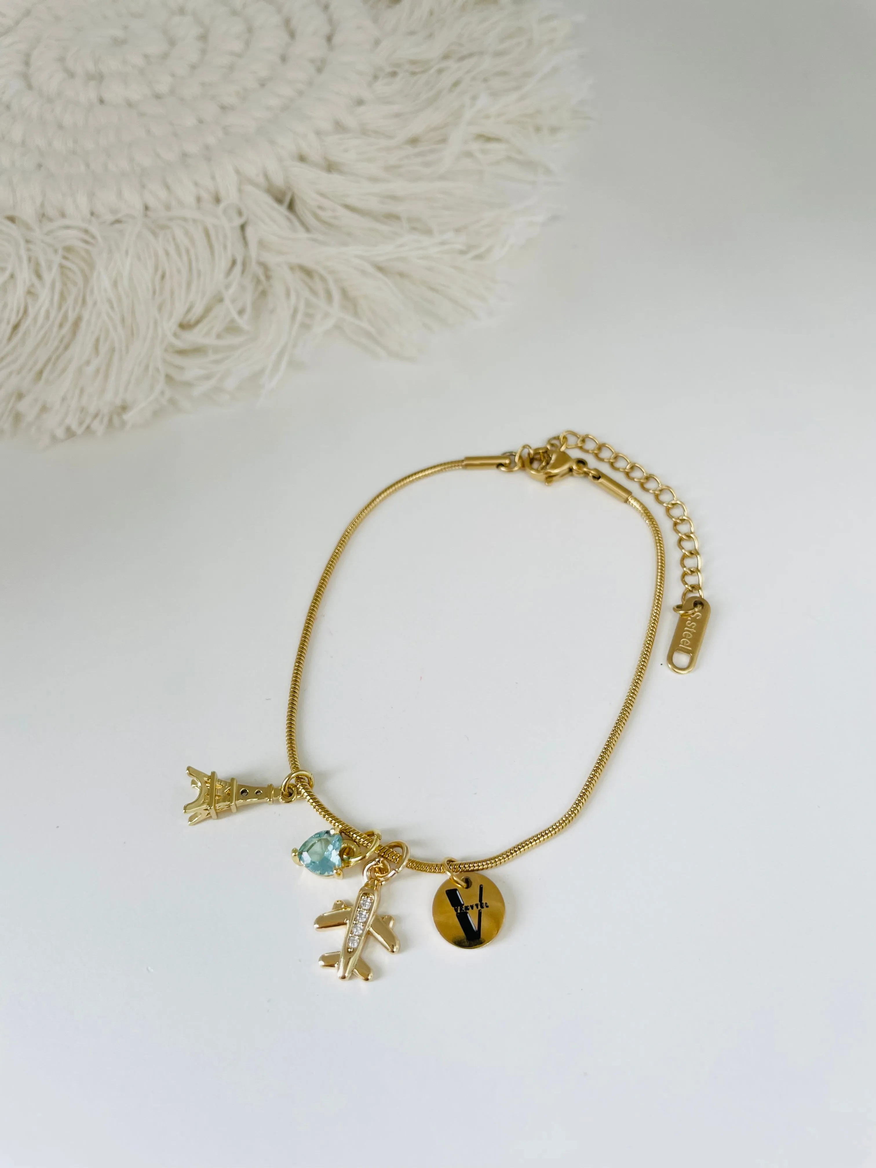 I Love to Travel Bracelet, Gold Stainless Steel