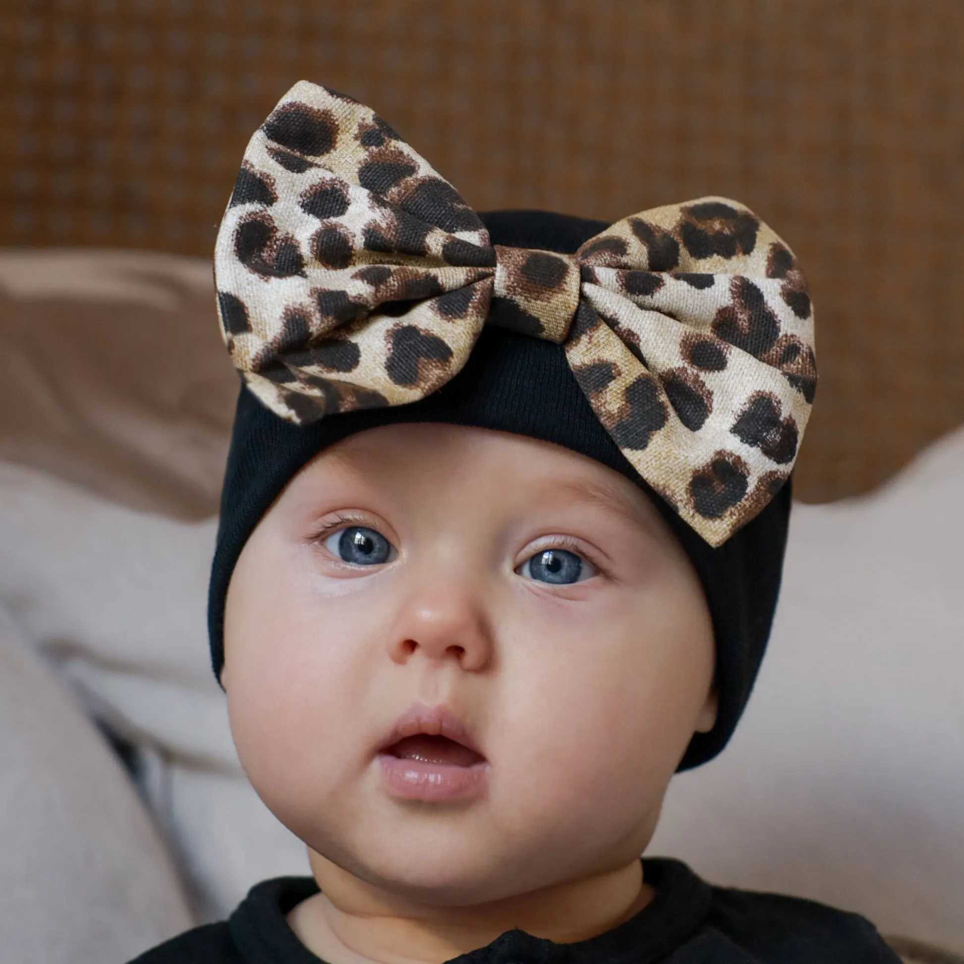 ilybean Lux Leopard Bow Baby Newborn Girl Hospital Hat - White Hat with Leopard Fabric Bow (Monogram Optional)