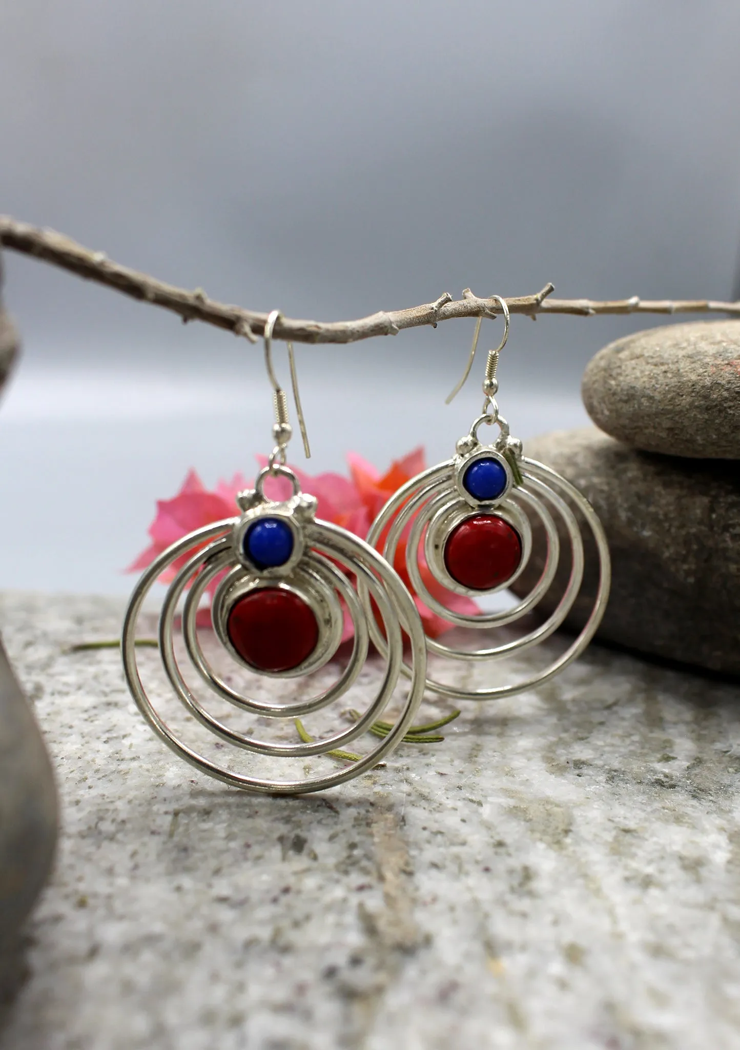 Inlaid Coral and Lapis Round White Metal Earrings