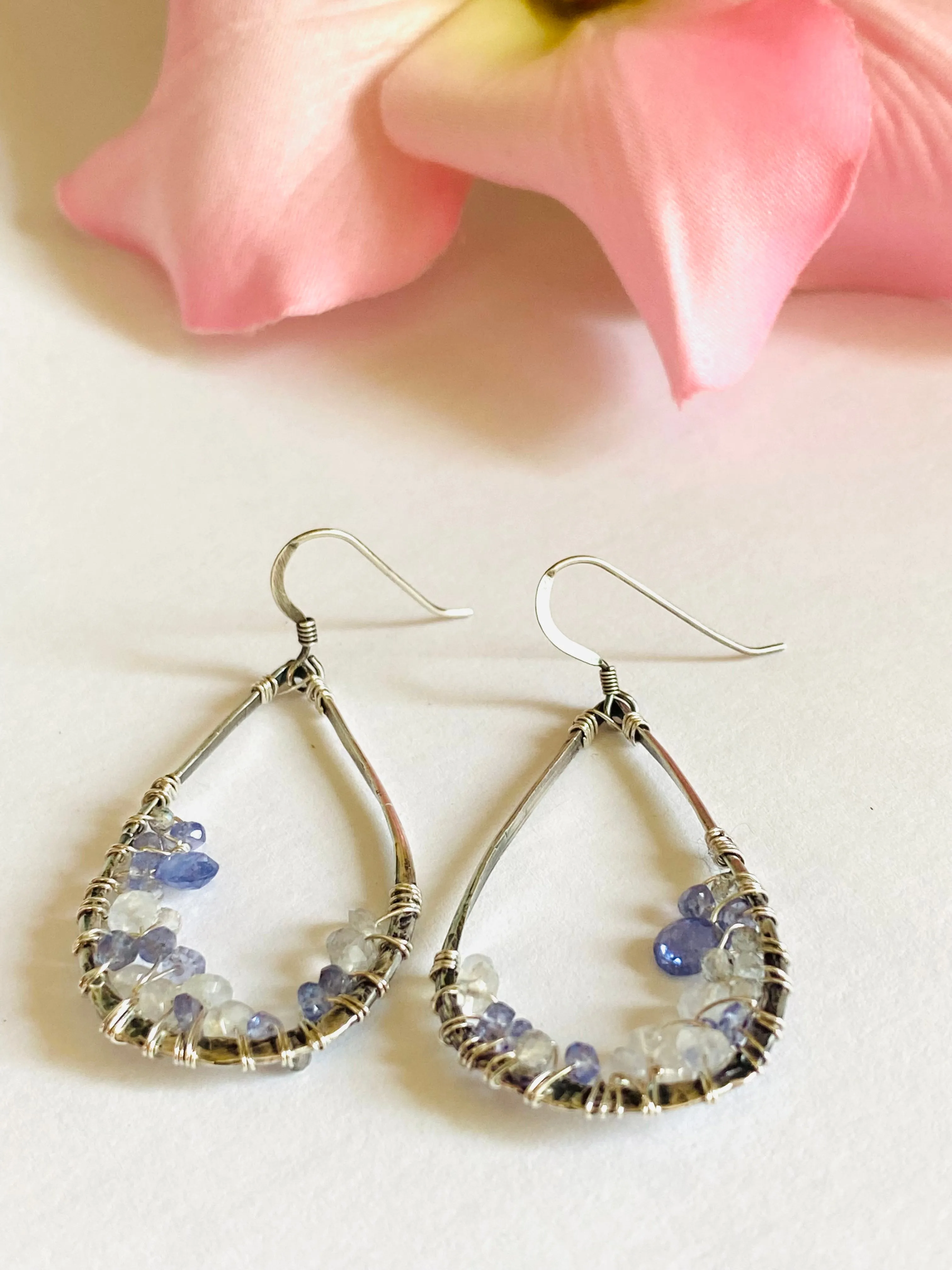 Iolite and Moonstone Earrings, Gemstone Crusted Earrings, Teardrop Gemstone Earrings