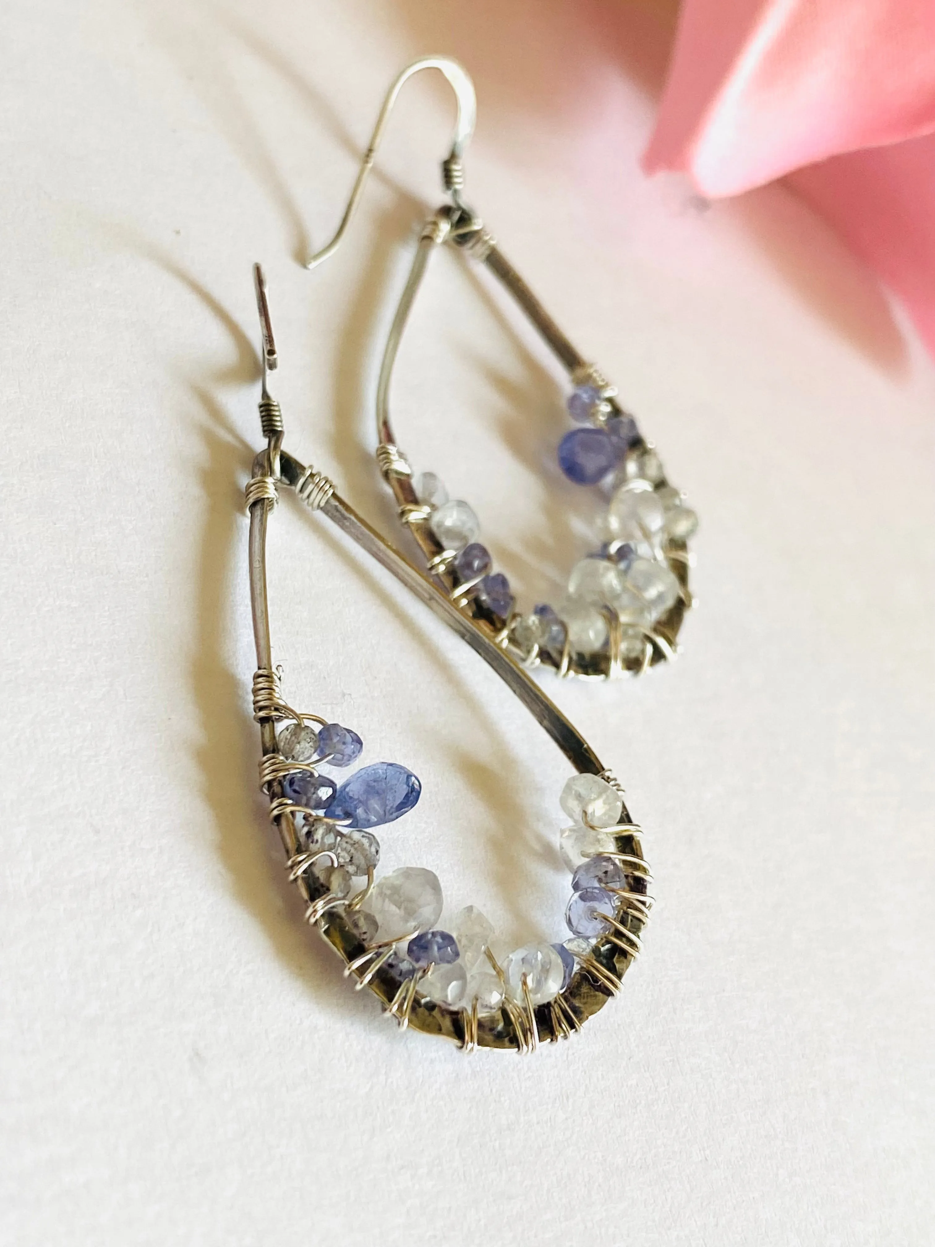 Iolite and Moonstone Earrings, Gemstone Crusted Earrings, Teardrop Gemstone Earrings