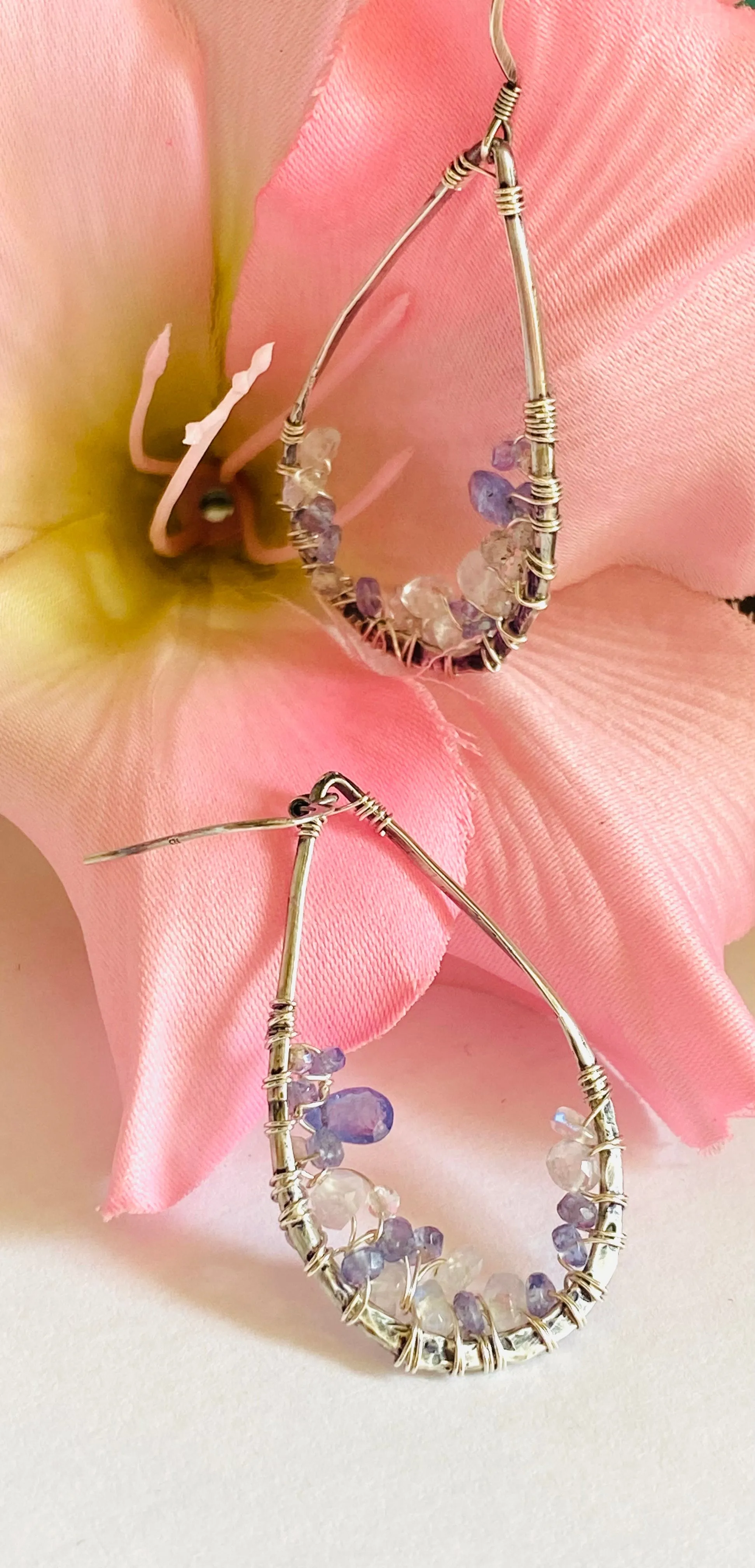 Iolite and Moonstone Earrings, Gemstone Crusted Earrings, Teardrop Gemstone Earrings