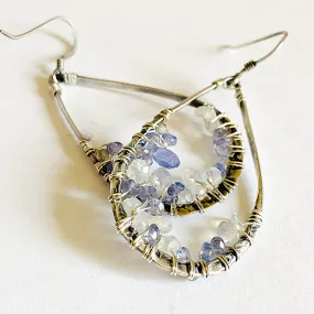 Iolite and Moonstone Earrings, Gemstone Crusted Earrings, Teardrop Gemstone Earrings