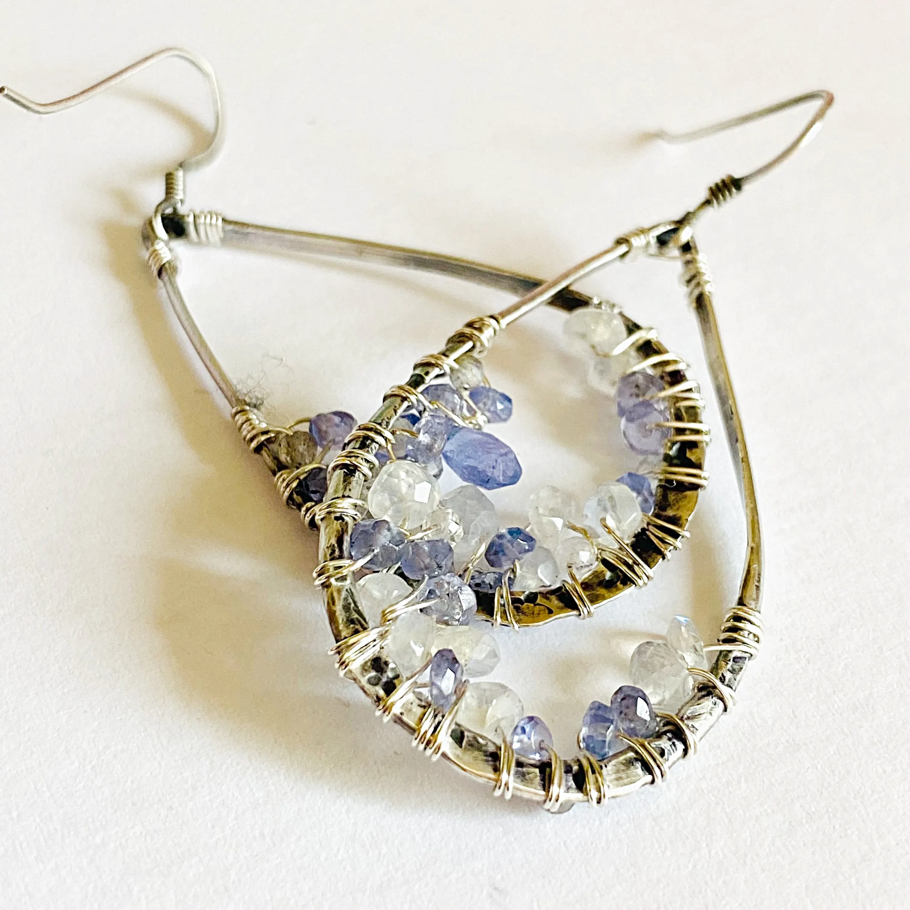 Iolite and Moonstone Earrings, Gemstone Crusted Earrings, Teardrop Gemstone Earrings