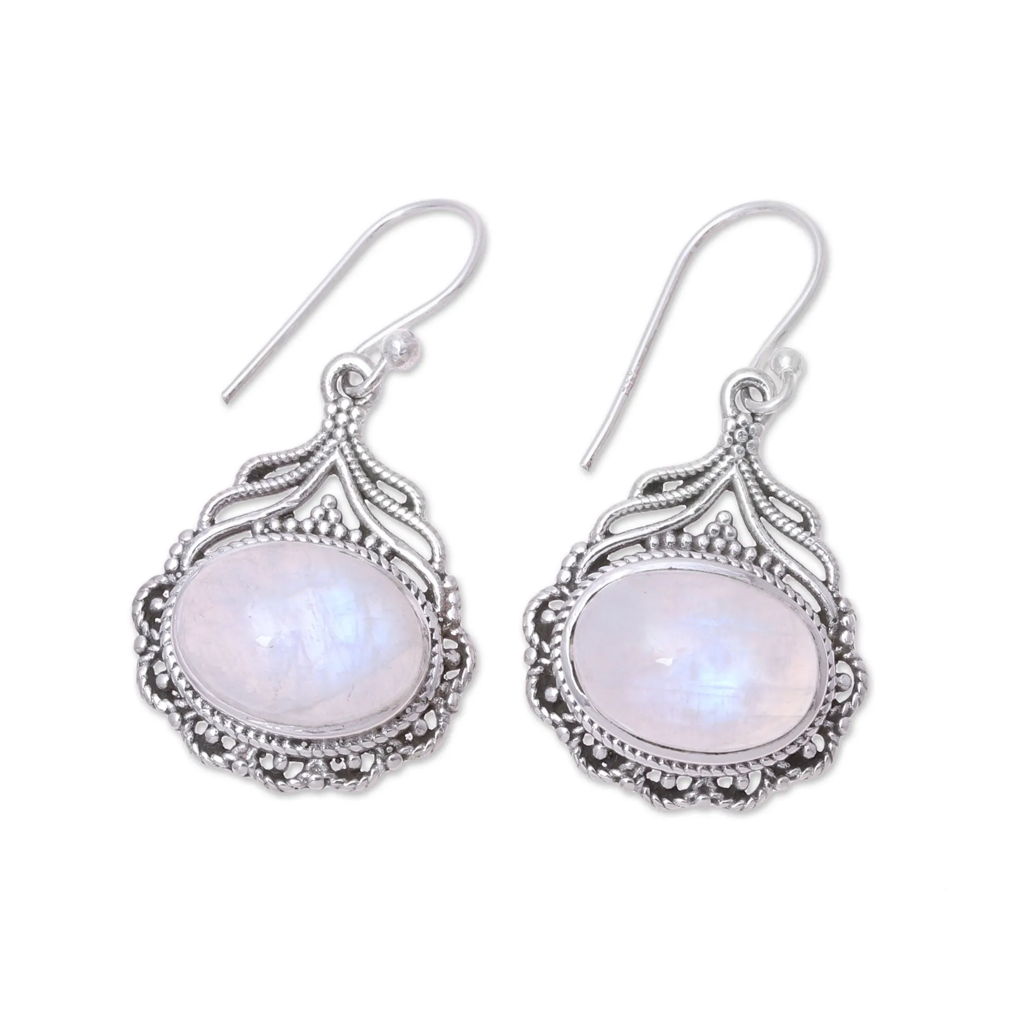 Jeweled Glory Natural Oval Rainbow Moonstone Dangle Earrings from India