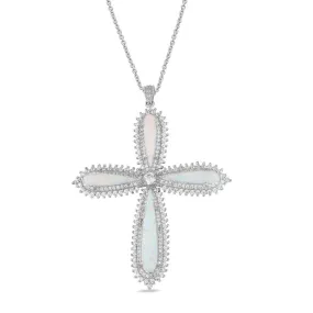Jewelili Sterling Silver with Created Opal and Cubic Zirconia Cross Pendant Necklace
