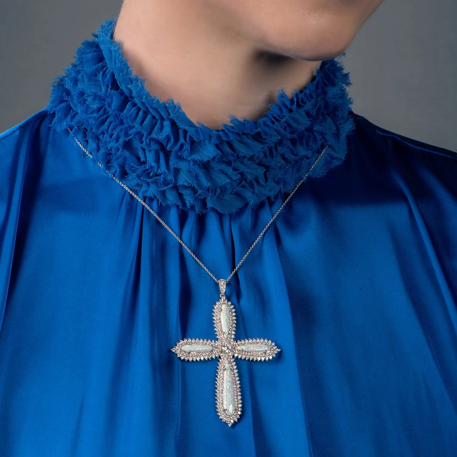 Jewelili Sterling Silver with Created Opal and Cubic Zirconia Cross Pendant Necklace