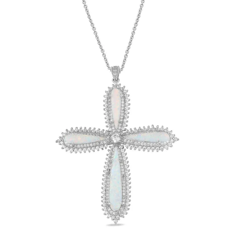 Jewelili Sterling Silver with Created Opal and Cubic Zirconia Cross Pendant Necklace