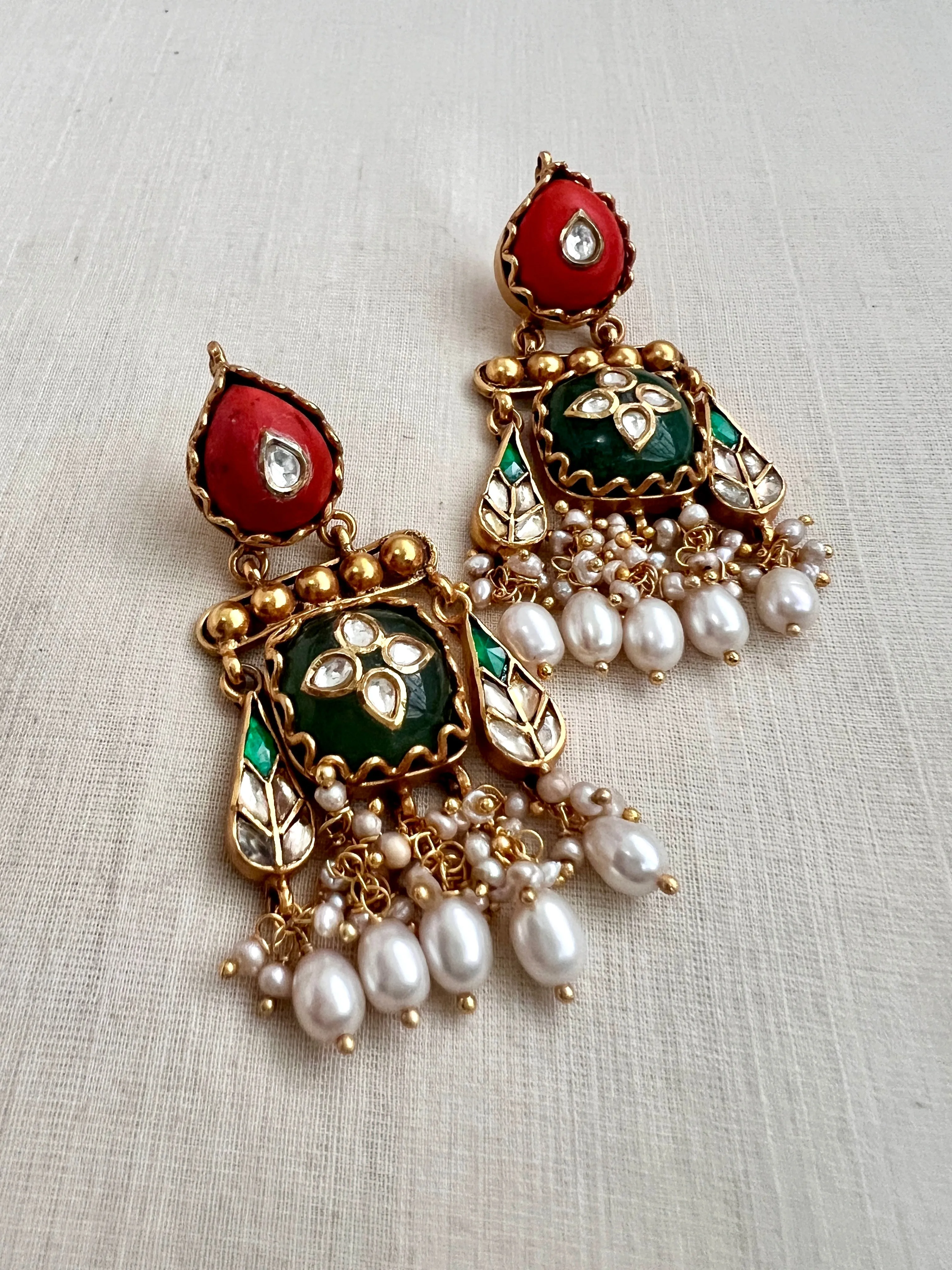 Kundan Inlay Work On Coral With Emerald Stone & Pearls Earrings (MADE TO ORDER)