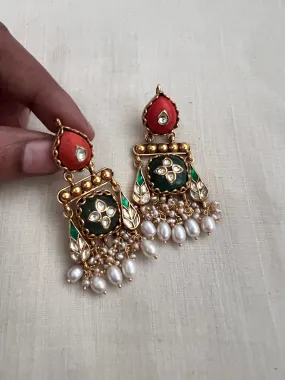 Kundan Inlay Work On Coral With Emerald Stone & Pearls Earrings (MADE TO ORDER)