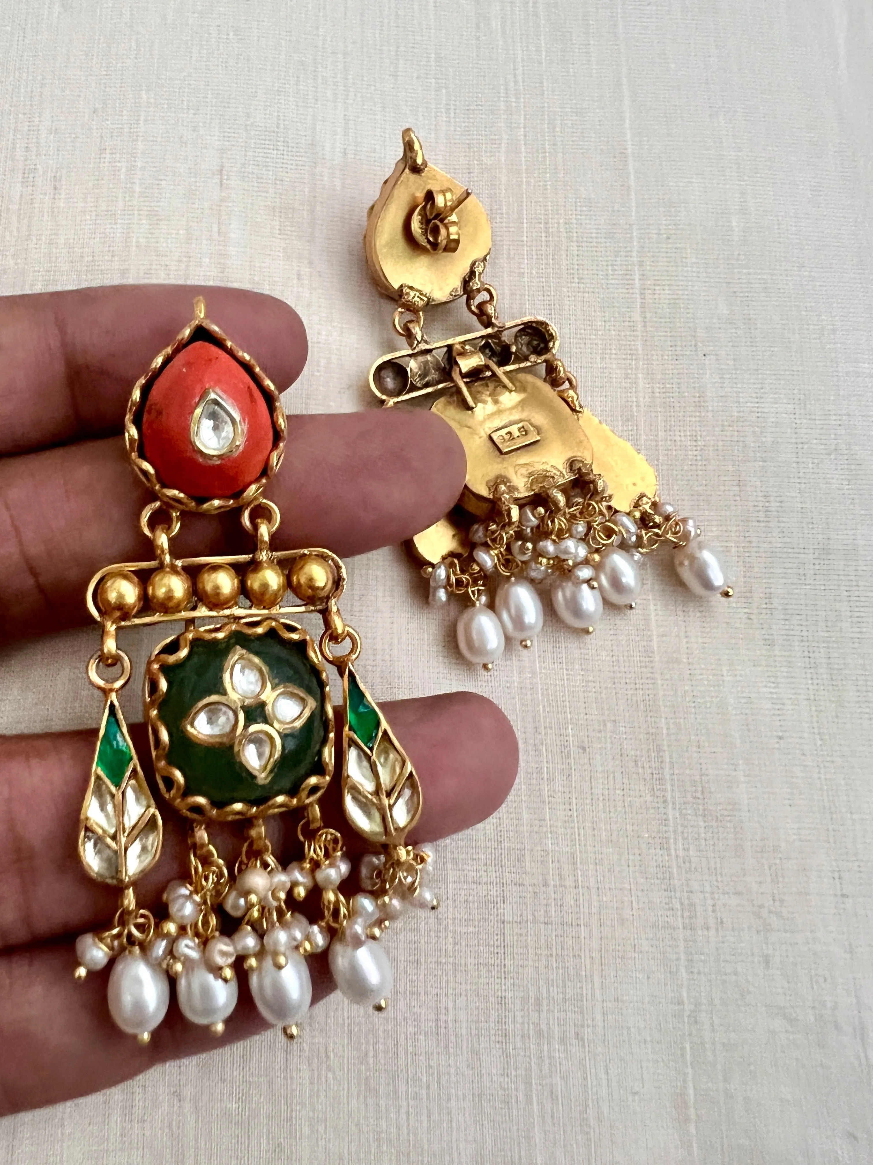 Kundan Inlay Work On Coral With Emerald Stone & Pearls Earrings (MADE TO ORDER)