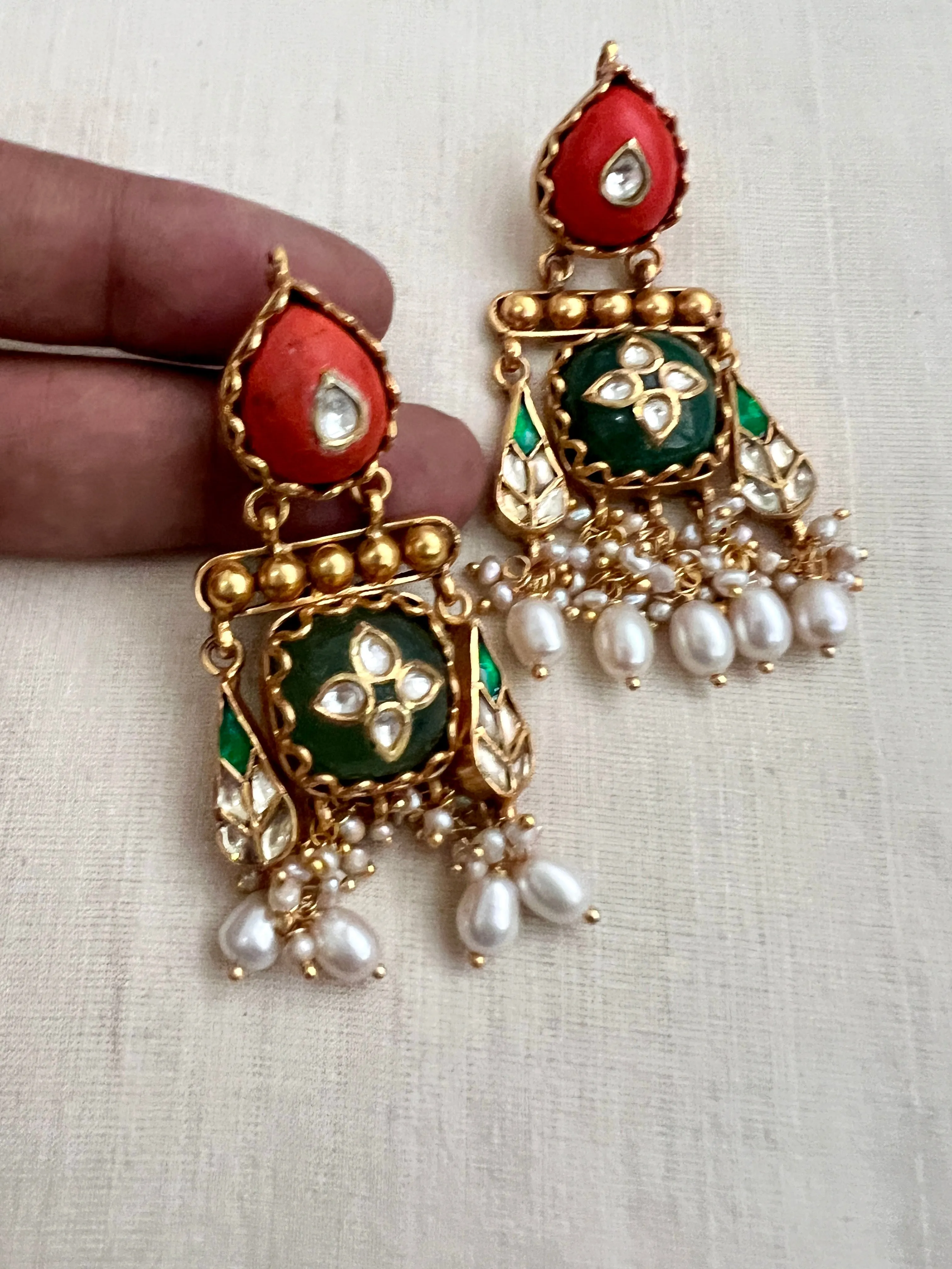 Kundan Inlay Work On Coral With Emerald Stone & Pearls Earrings (MADE TO ORDER)
