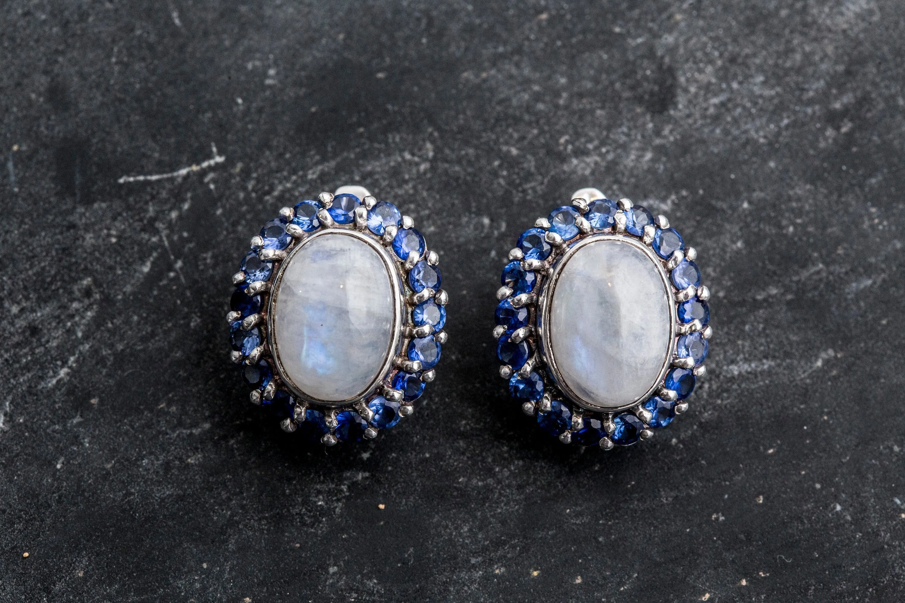 Large Moonstone Earrings - White Flower Earrings - Vintage Heavy Earrings