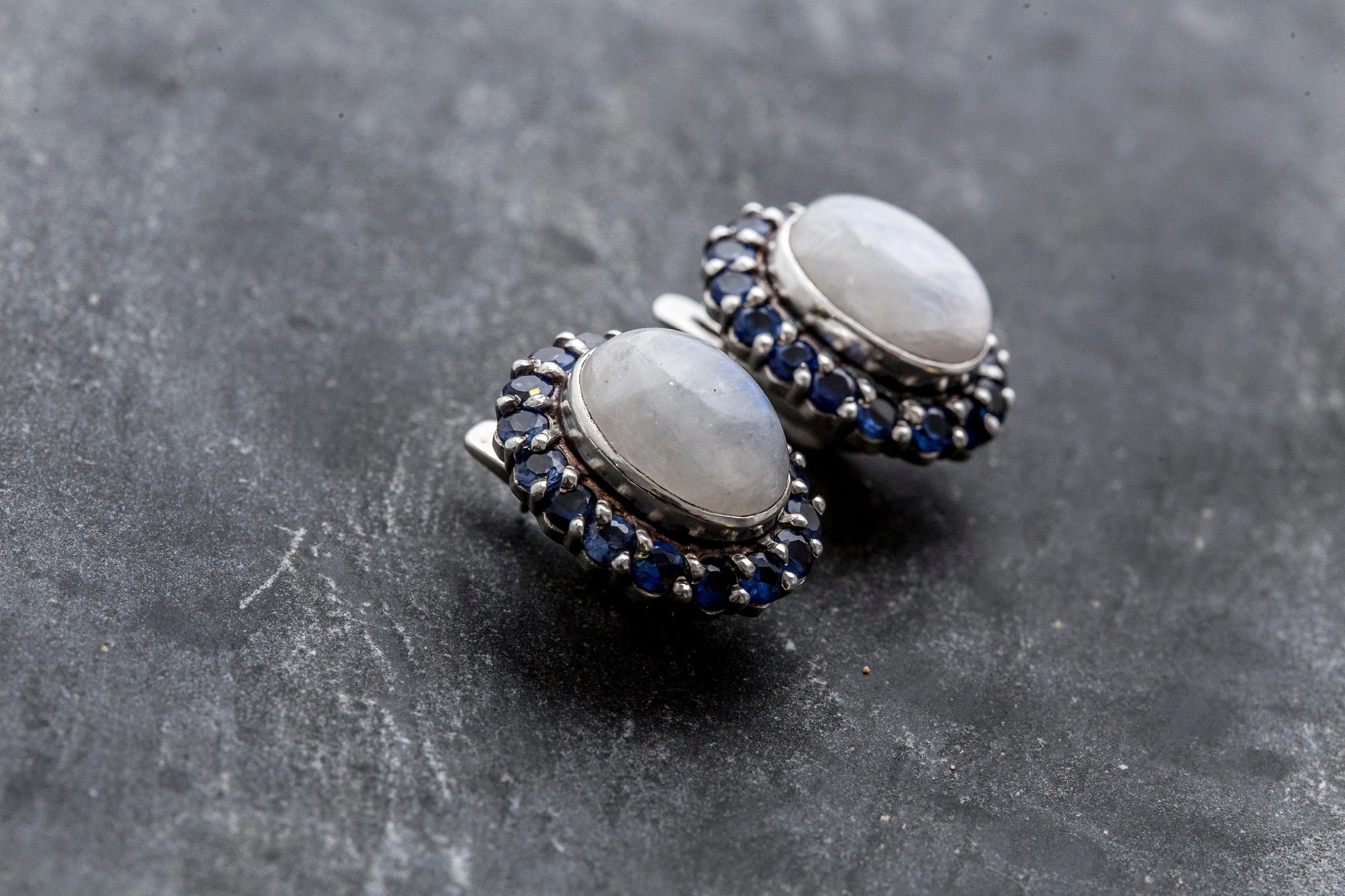 Large Moonstone Earrings - White Flower Earrings - Vintage Heavy Earrings