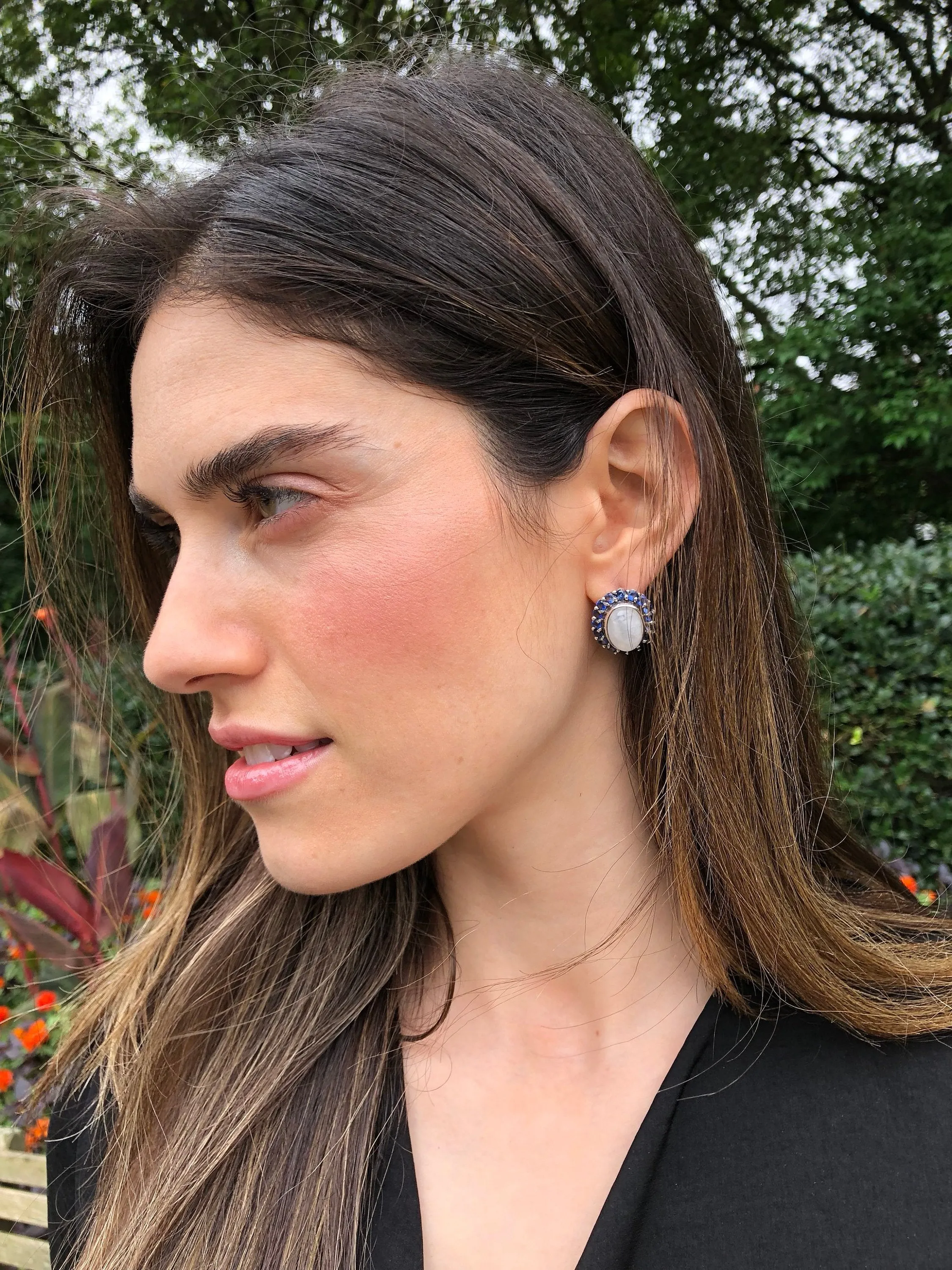Large Moonstone Earrings - White Flower Earrings - Vintage Heavy Earrings