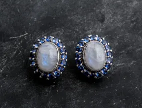 Large Moonstone Earrings - White Flower Earrings - Vintage Heavy Earrings