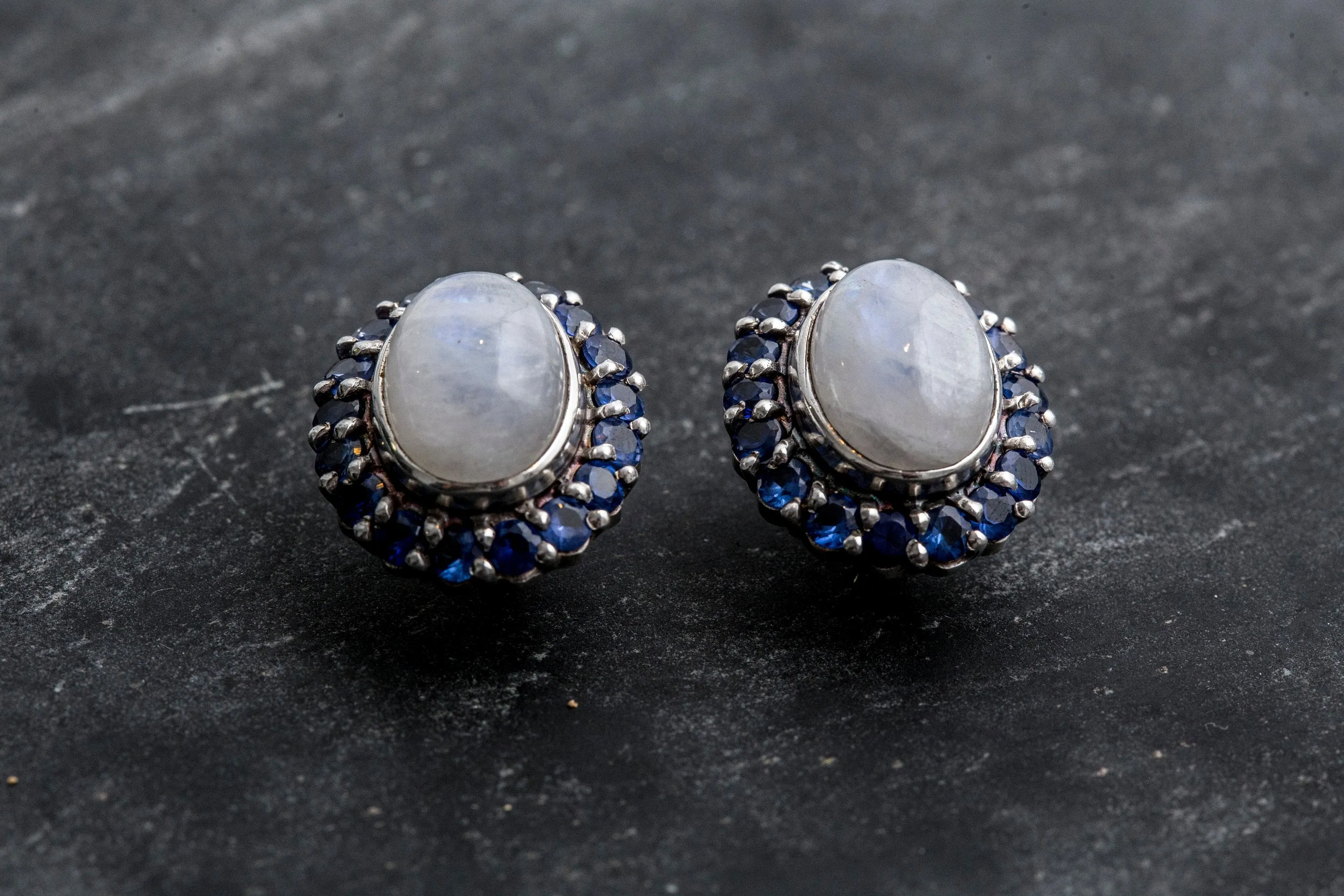 Large Moonstone Earrings - White Flower Earrings - Vintage Heavy Earrings