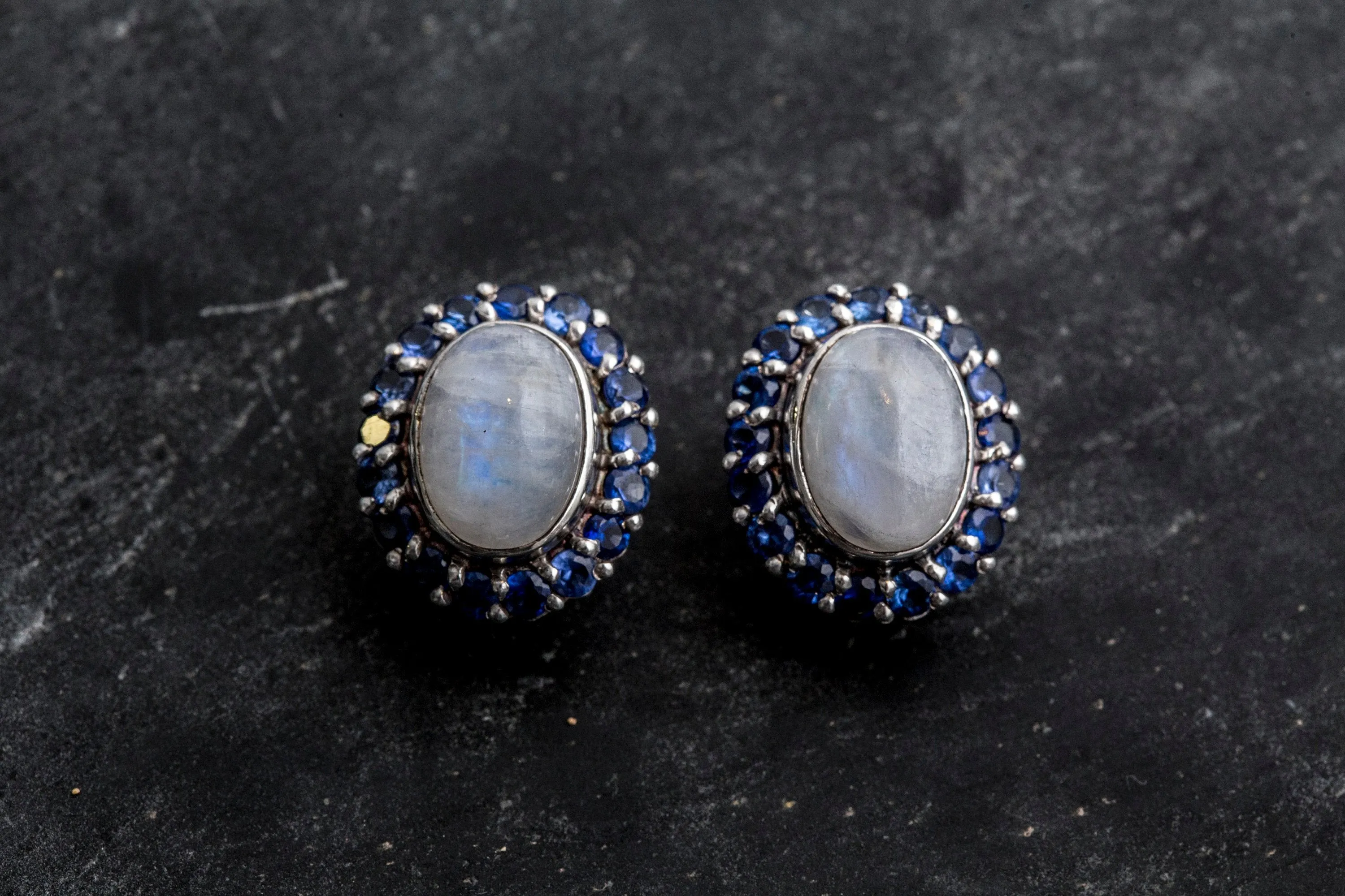 Large Moonstone Earrings - White Flower Earrings - Vintage Heavy Earrings