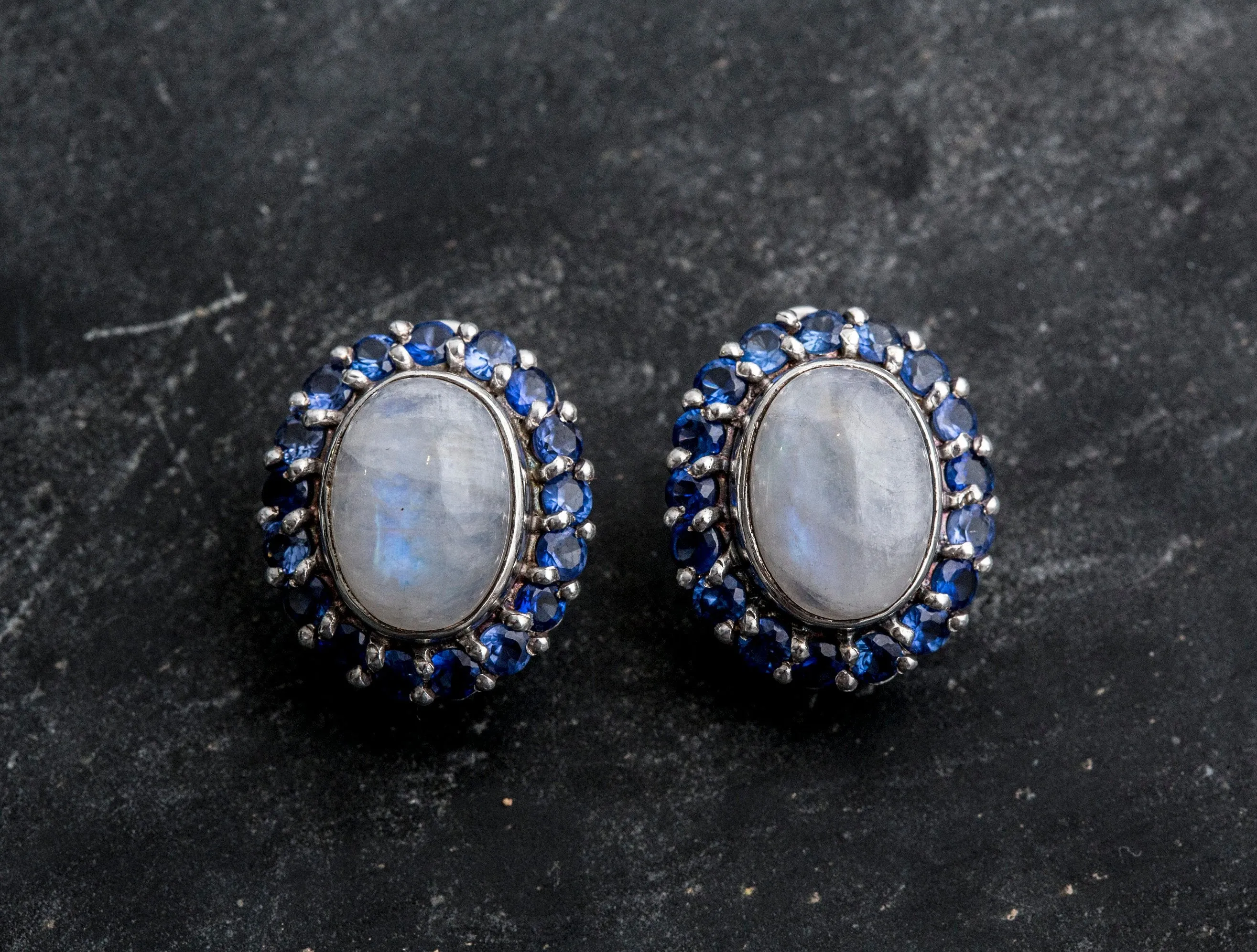 Large Moonstone Earrings - White Flower Earrings - Vintage Heavy Earrings