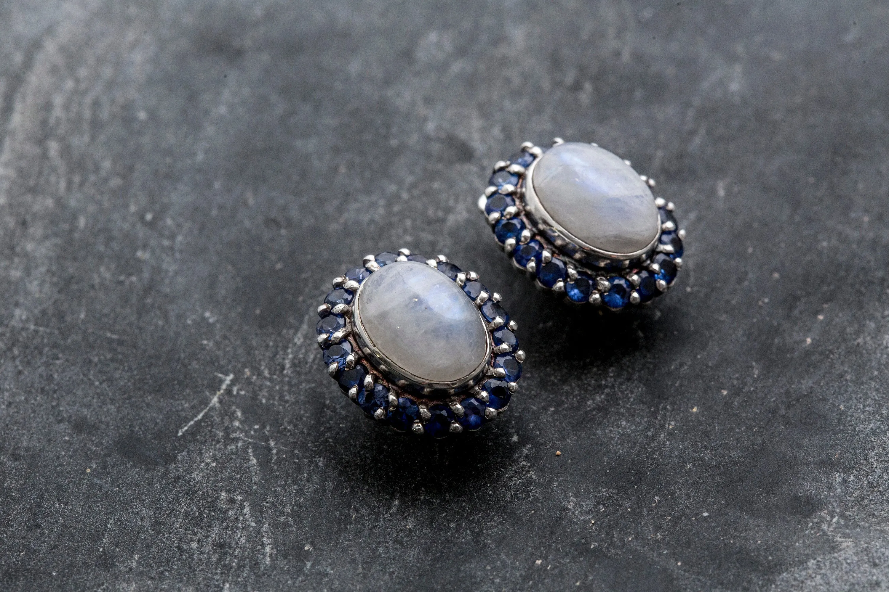 Large Moonstone Earrings - White Flower Earrings - Vintage Heavy Earrings