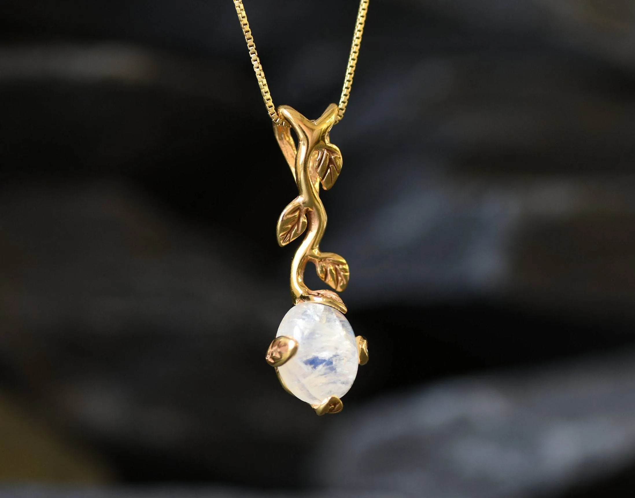 Leaf Moonstone Pendant - Natural Rainbow Moonstone Necklace, Gold Moonstone Pendant