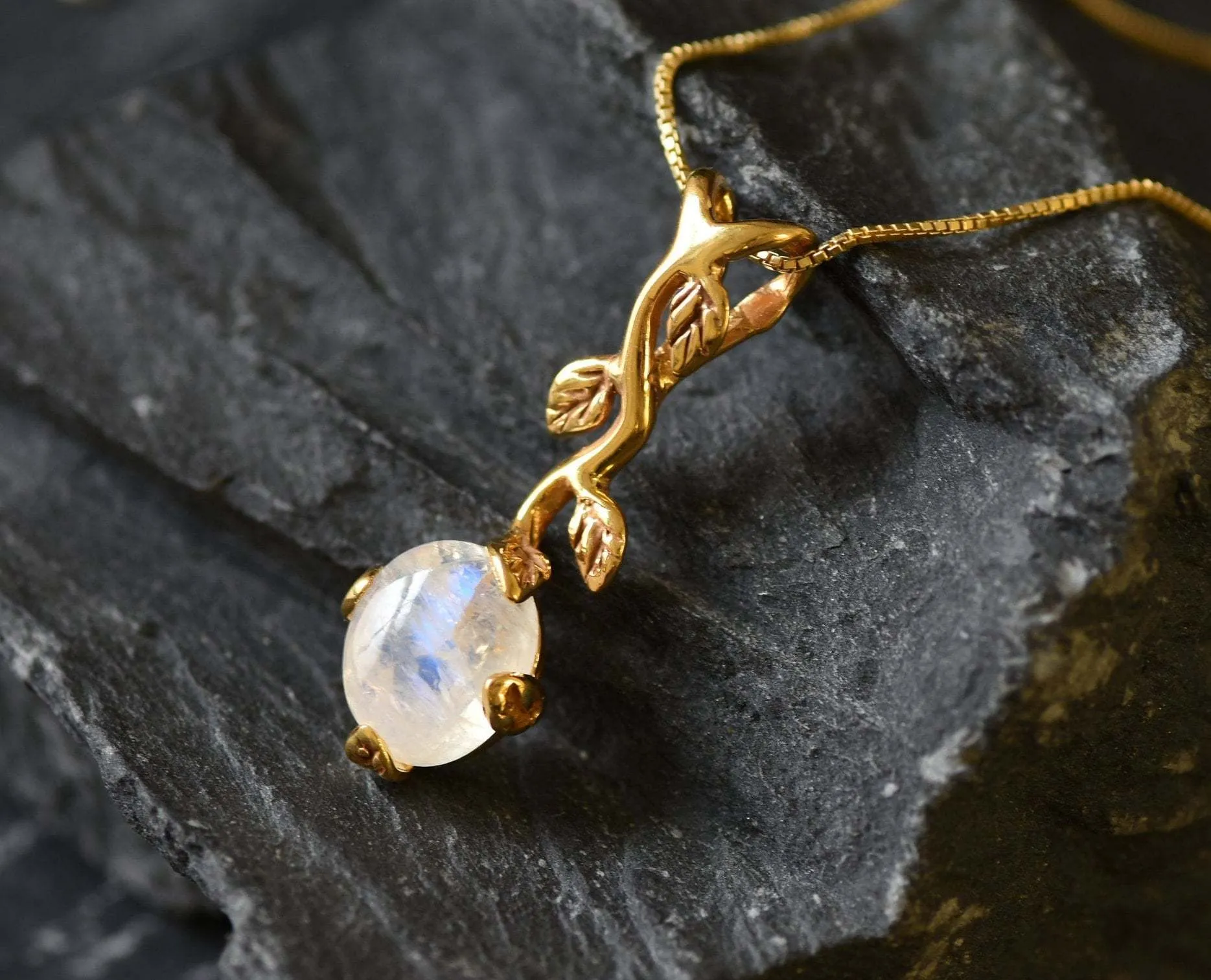 Leaf Moonstone Pendant - Natural Rainbow Moonstone Necklace, Gold Moonstone Pendant