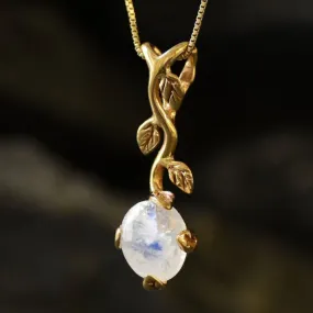 Leaf Moonstone Pendant - Natural Rainbow Moonstone Necklace, Gold Moonstone Pendant