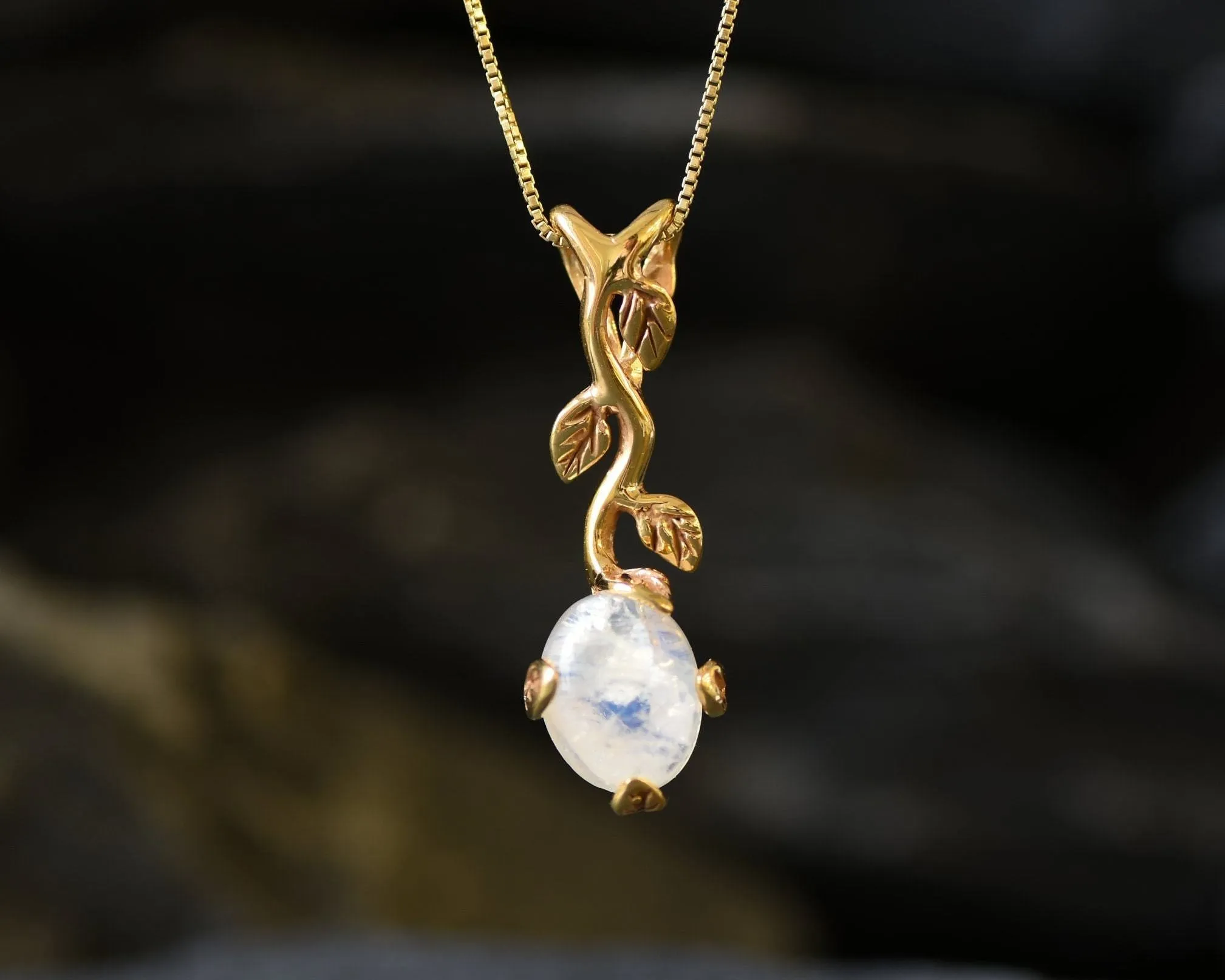 Leaf Moonstone Pendant - Natural Rainbow Moonstone Necklace, Gold Moonstone Pendant